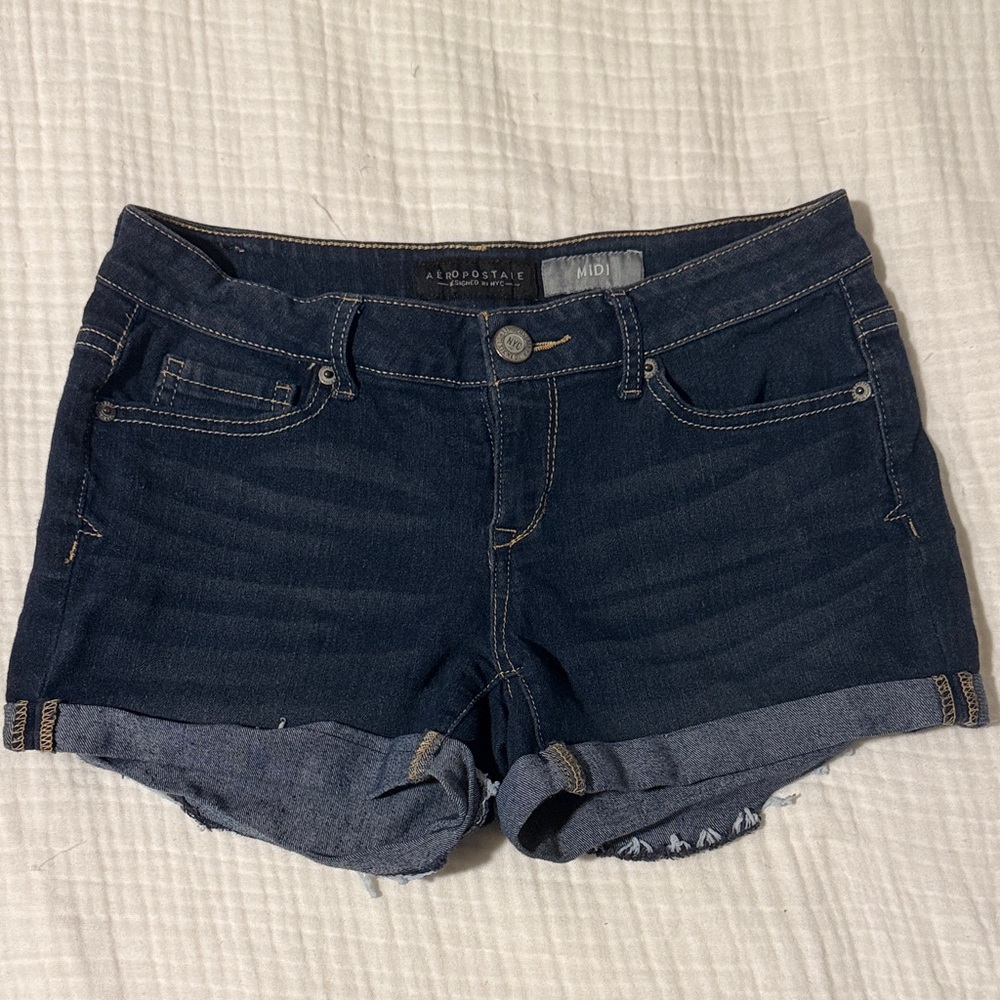 Aeropostale Midi Denim Roll-Cuff Women's Shorts - Dark Indigo, sz 2